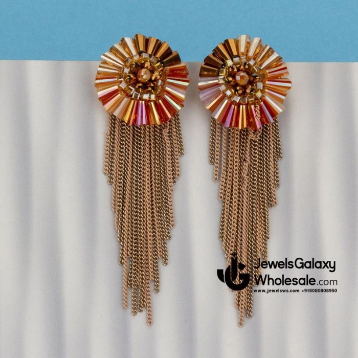 Orange & Beige Gold-Plated Beaded Tasselled Handcrafted Drop Earrings