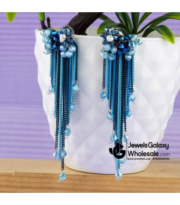 Blue Silver-Plated Tasselled Contemporary Drop Earrings