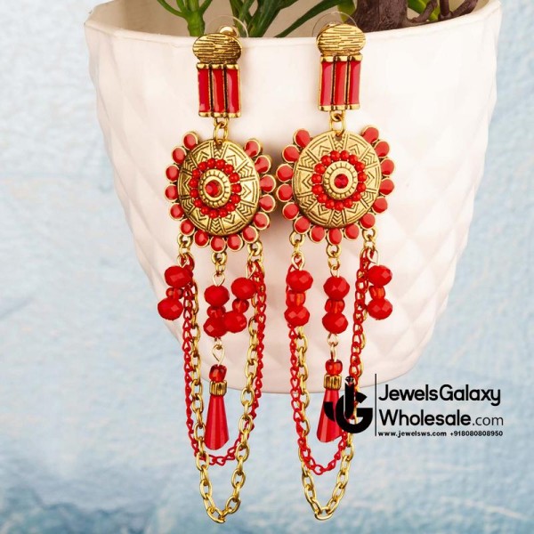 Red Antique Gold-Plated Beaded Handcrafted Drop Earrings