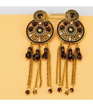 Black Antique Gold-Plated Handcrafted Circular Drop Earrings