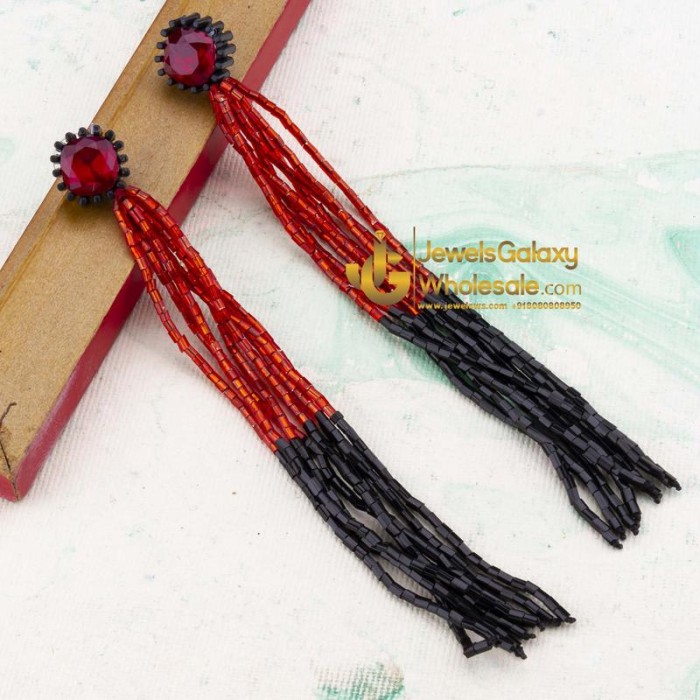 Red & Black Beaded Tasselled Handcrafted Drop Earrings