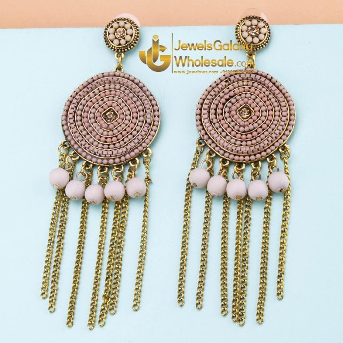 Peach-Coloured Antique Gold-Plated Beaded Handcrafted Circular Drop Earrings