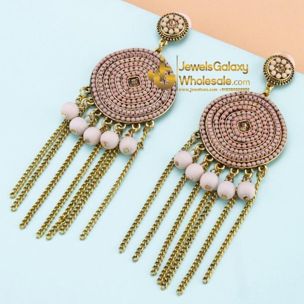 Peach-Coloured Antique Gold-Plated Beaded Handcrafted Circular Drop Earrings