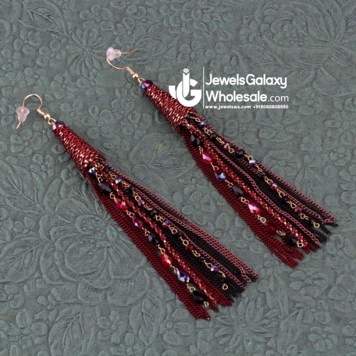 Maroon Gold-Plated Handcrafted Tasselled Drop Earrings