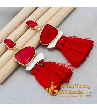 Gold Plated Onyx Red Tassel Earrings