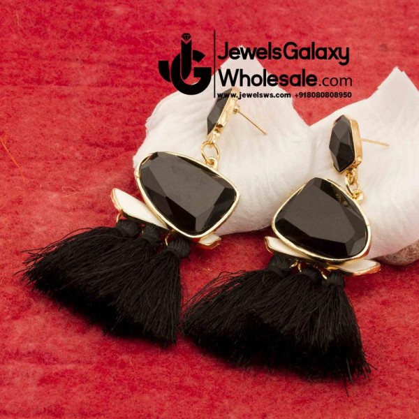 Gold Plated Onyx Black Tassel Earrings