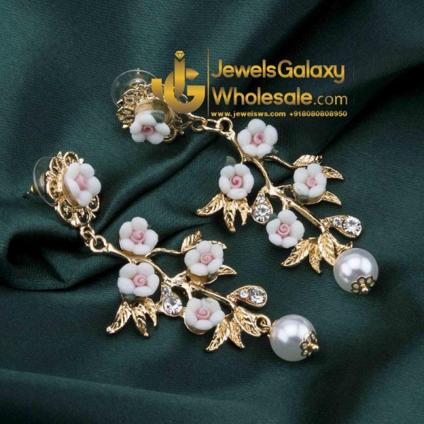 Gold Plated Floral Pink Drop Earrings