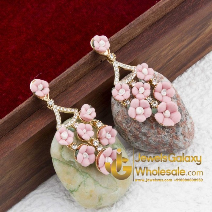 Gold Plated Floral Pink Drop Earrings