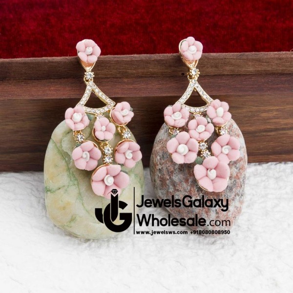 Gold Plated Floral Pink Drop Earrings