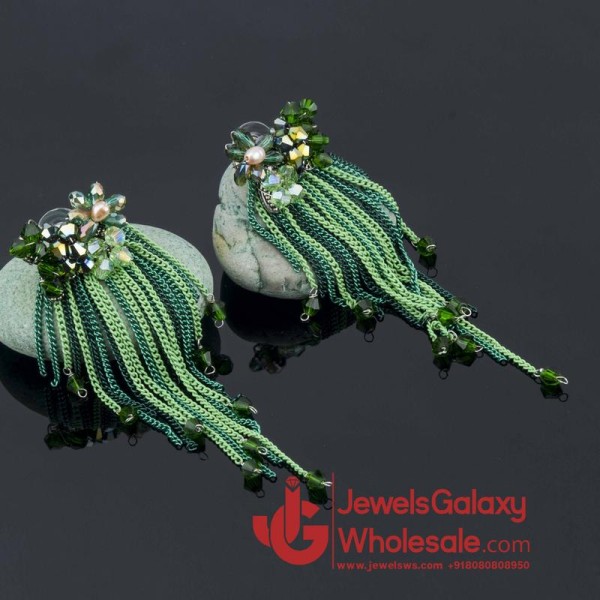 Gold Plated Designer Green Chain Tassel Earrings