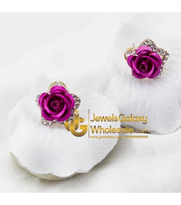 Gold Plated Darker Pink Rose Shaped Earrings