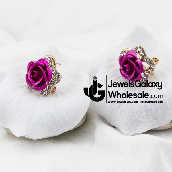 Gold Plated Darker Pink Rose Shaped Earrings