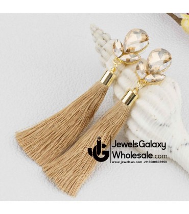 Gold Plated Designer Beige Club Tassel Earrings