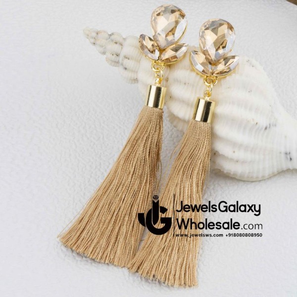 Gold Plated Designer Beige Club Tassel Earrings