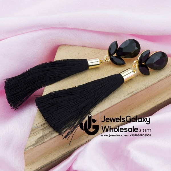 Gold Plated Designer Black Club Tassel Earrings