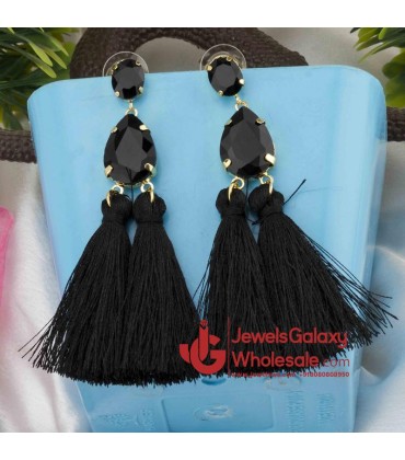 Gold Plated Handcrafted Dual Stone Black Tassel Earrings