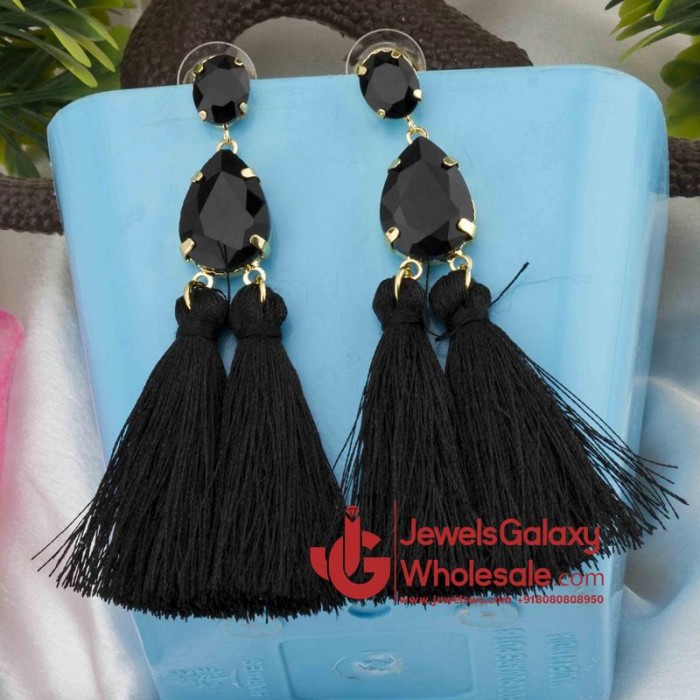 Gold Plated Handcrafted Dual Stone Black Tassel Earrings