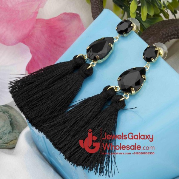 Gold Plated Handcrafted Dual Stone Black Tassel Earrings