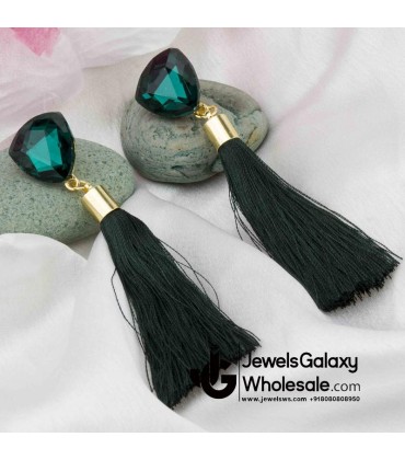 Gold Plated Designer Green Geometrical Tassel Earrings