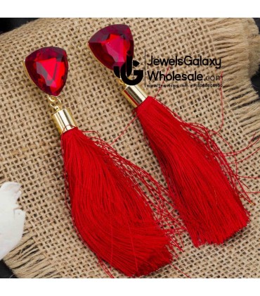 Gold Plated Designer Red Geometrical Tassel Earrings