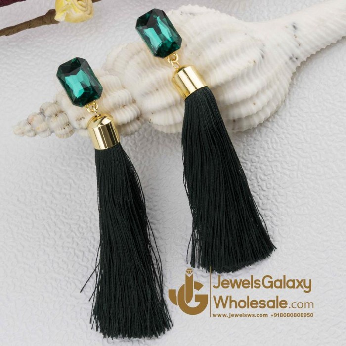 Gold Plated Designer Green Geometrical Tassel Earrings