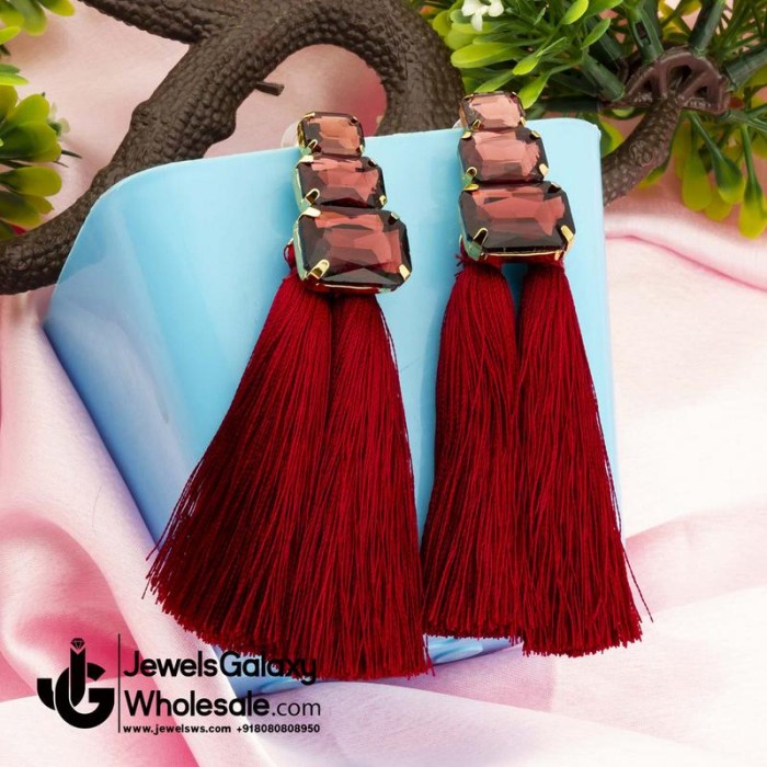 Gold Plated Magenta Crystal Tassel Earrings