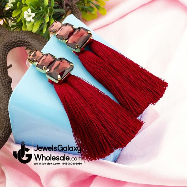 Gold Plated Magenta Crystal Tassel Earrings