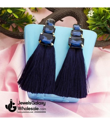 Gold Plated Navy Blue Crystal Tassel Earrings