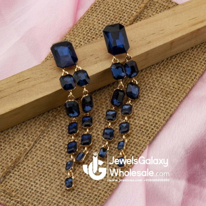 YouBella Navy Blue Silver-Plated Stone-Studded Contemporary Drop Earrings