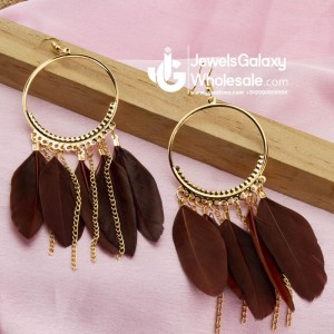 Brown Gold-Plated Feather Shaped Drop Earrings