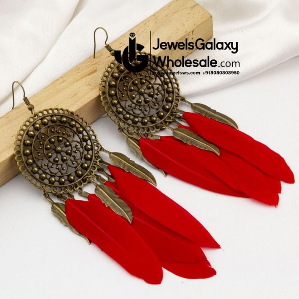 Red Antique Gold-Plated Contemporary Drop Earrings