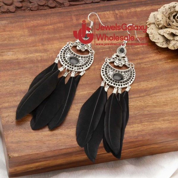 Oxidised Silver-Plated & Black Feather Shaped Drop Earrings