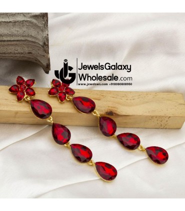 Gold-Plated Red Stone-Studded Teardrop Shaped Drop Earrings