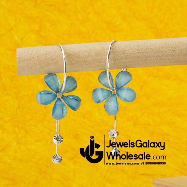 Blue Floral Platinum Plated American Diamond Drop Earrings 12659