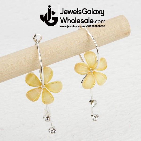 Yellow Floral Platinum Plated American Diamond Drop Earrings 12661