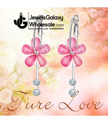 Pink Floral Platinum Plated American Diamond Drop Earrings 12662