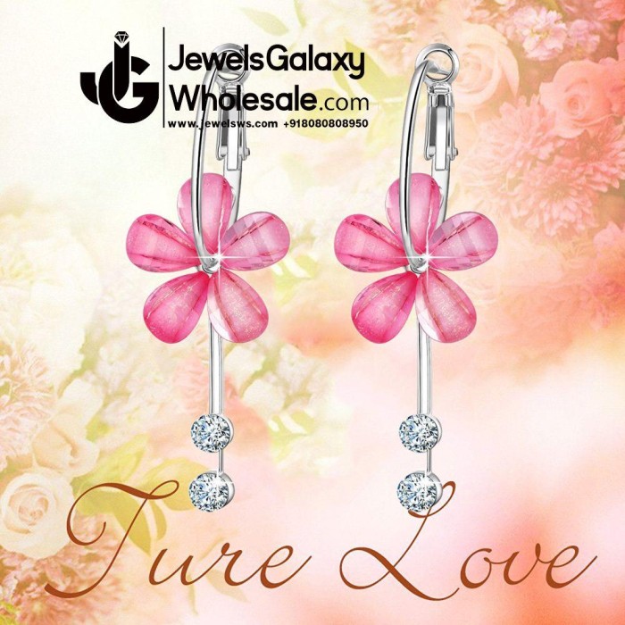 Pink Floral Platinum Plated American Diamond Drop Earrings 12662