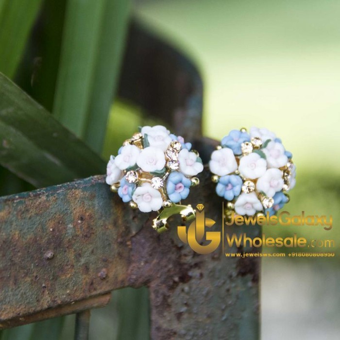 Gold Plated Blue And White Floral Earrings