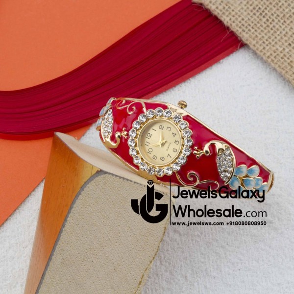 Rose Gold Plated Red Peacock Design American Diamond Bracelet Watch 1120