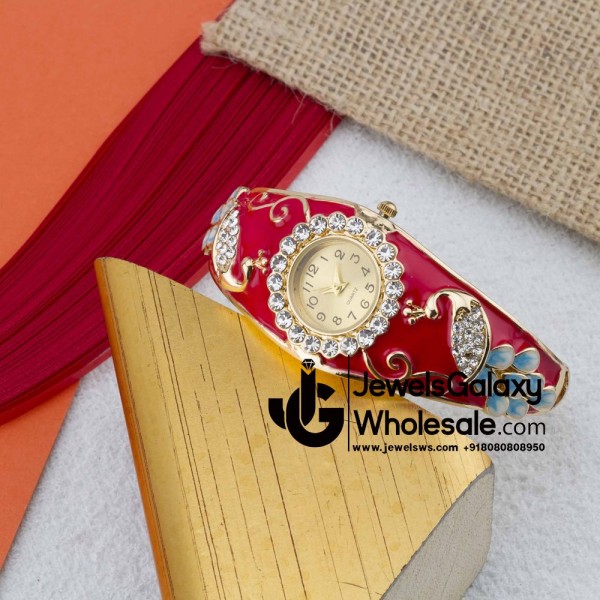 Rose Gold Plated Red Peacock Design American Diamond Bracelet Watch 1120