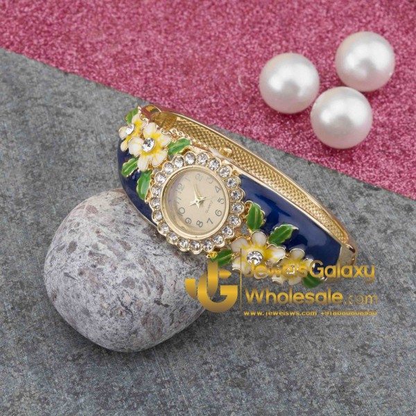 Rose Gold Plated Blue Floral Bracelet Watch 1127