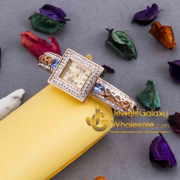 Rose Gold Plated American Diamond Square Design Fashionable Bracelet Watch