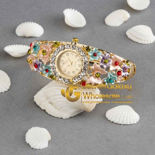 Rose Gold Plated American Diamond Floral Multicolour Fashionable Bracelet Watch