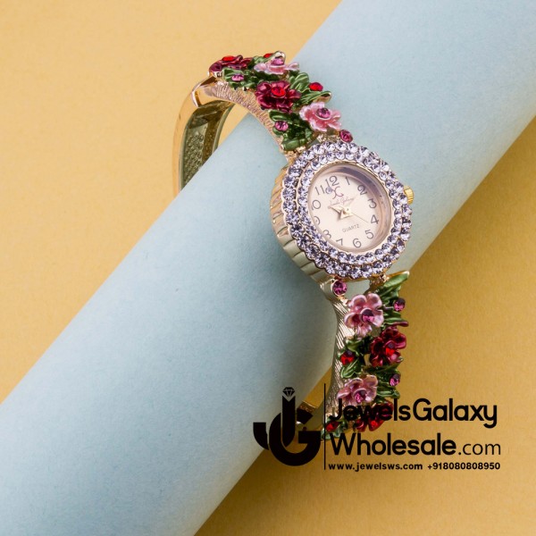 Rose Gold Plated American Diamond Floral Multicolour Bracelet Watch