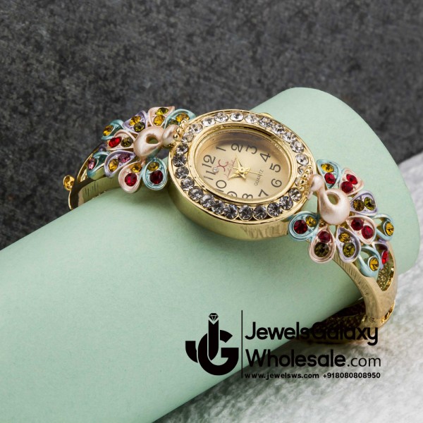 Rose Gold Plated American Diamond Floral Multicolour Bracelet Watch