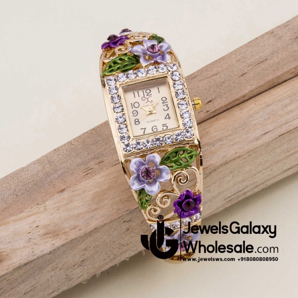 Rose Gold Plated American Diamond Floral Multicolour Bracelet Watch