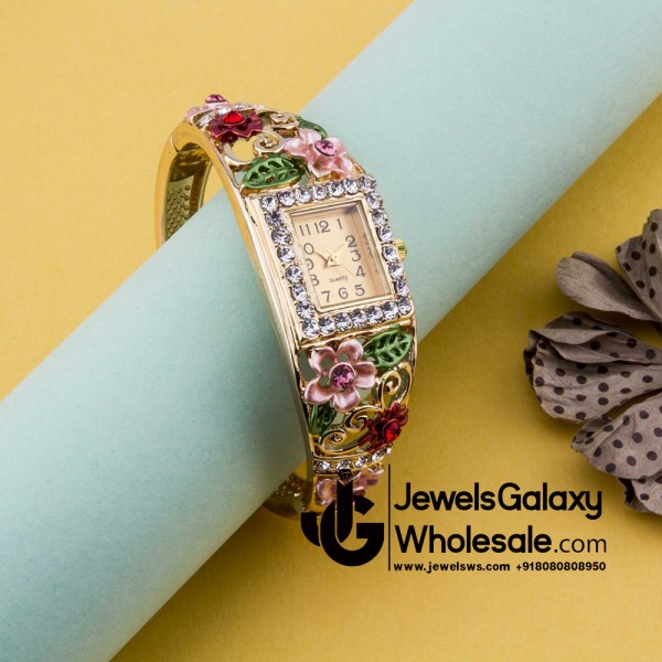 Rose Gold Plated American Diamond Floral Multicolour Bracelet Watch