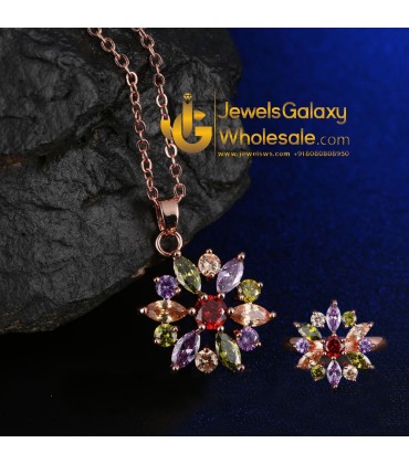 Rose Gold Plated Cubic Zirconia Multicolour Floral Pendant with Ring 4016