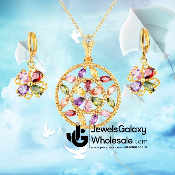 Gold Plated Multicolour Cubic Zirconia Floral Jewellery Set 4046