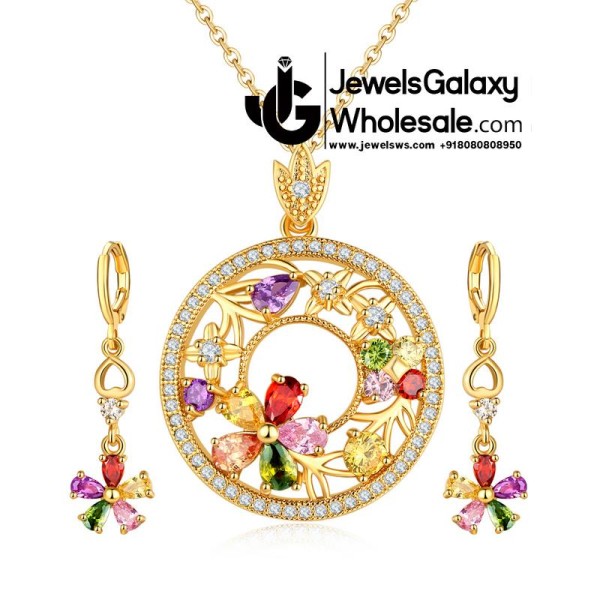 Gold Plated Cubic Zirconia Floral Shaped Pendant Set